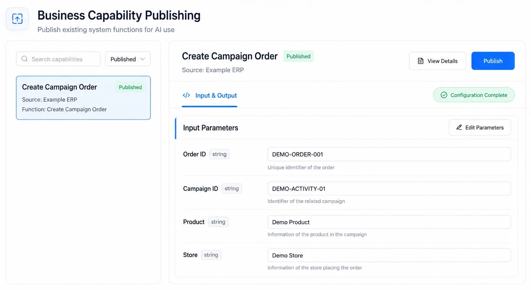 Nebula PLUS capability publishing interface showing input parameters and published status for a campaign order