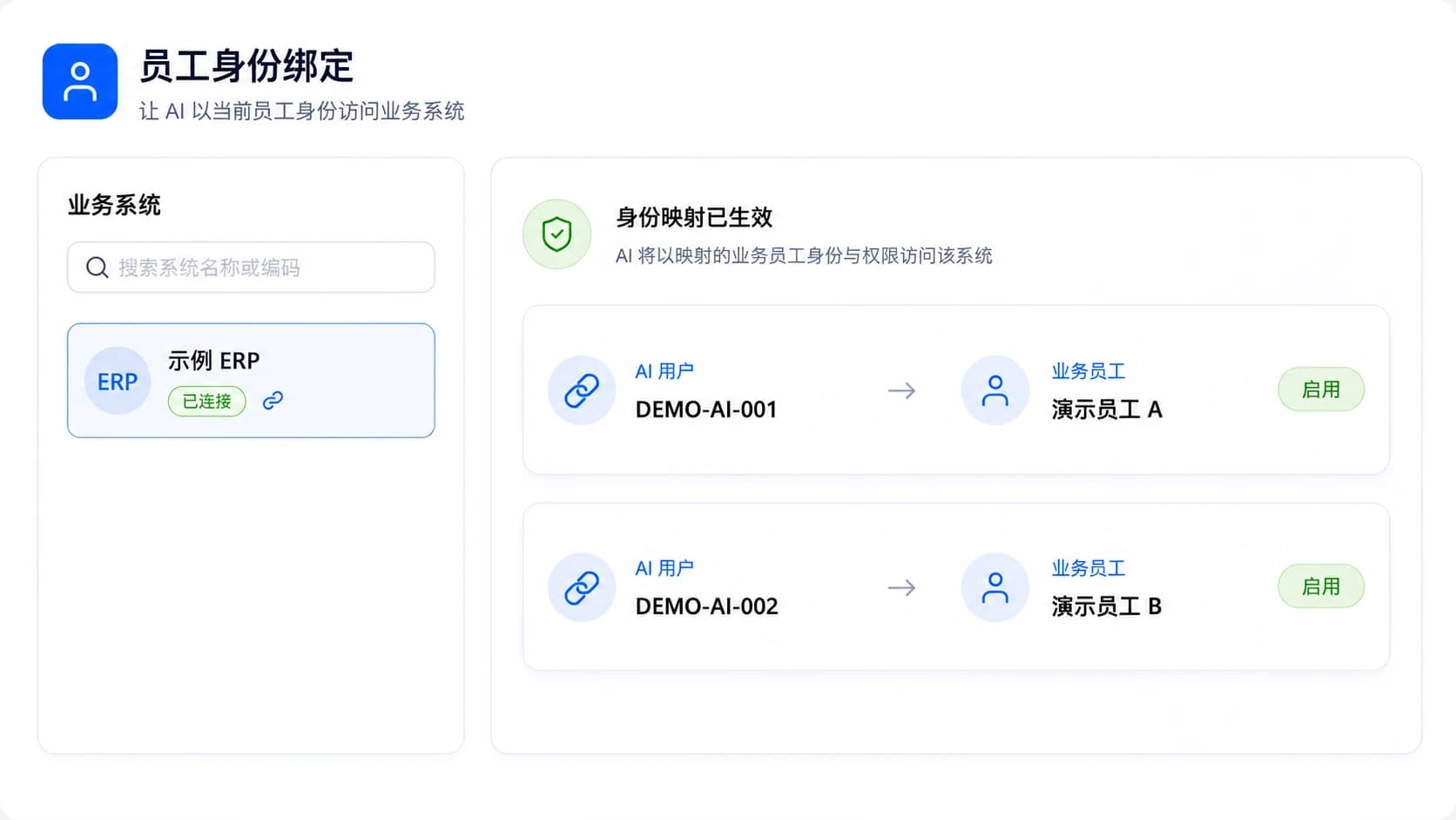 星云 PLUS 员工身份绑定界面,展示 AI 用户与业务员工的身份映射