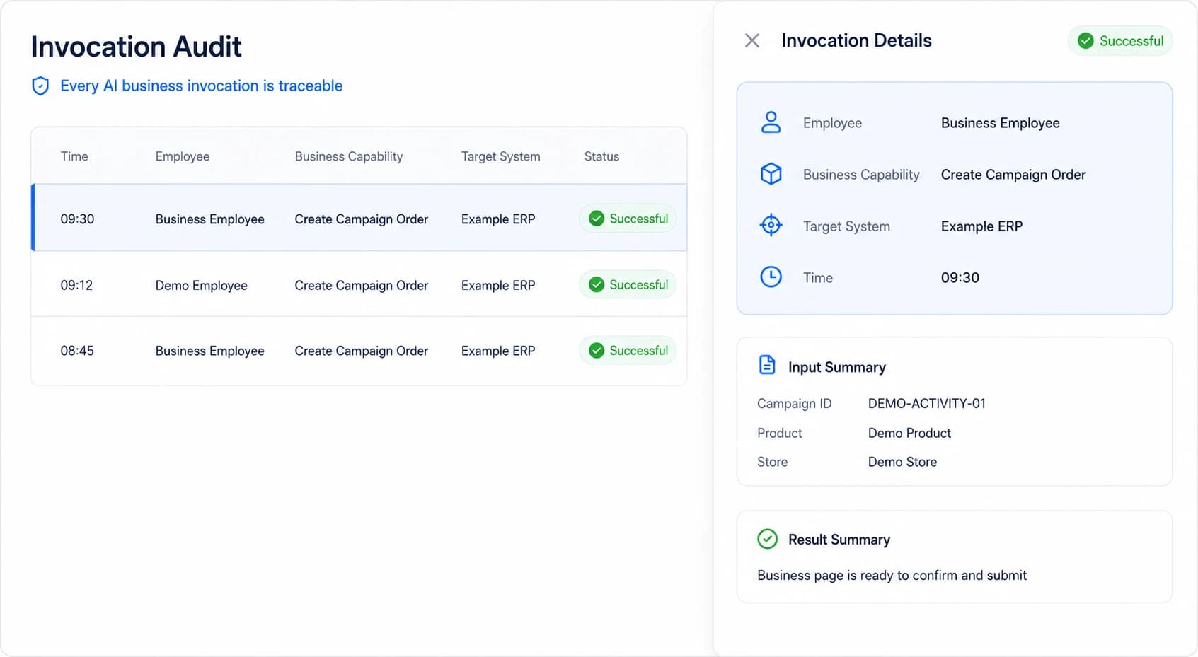 Nebula PLUS invocation audit interface showing employee, capability, target system and result