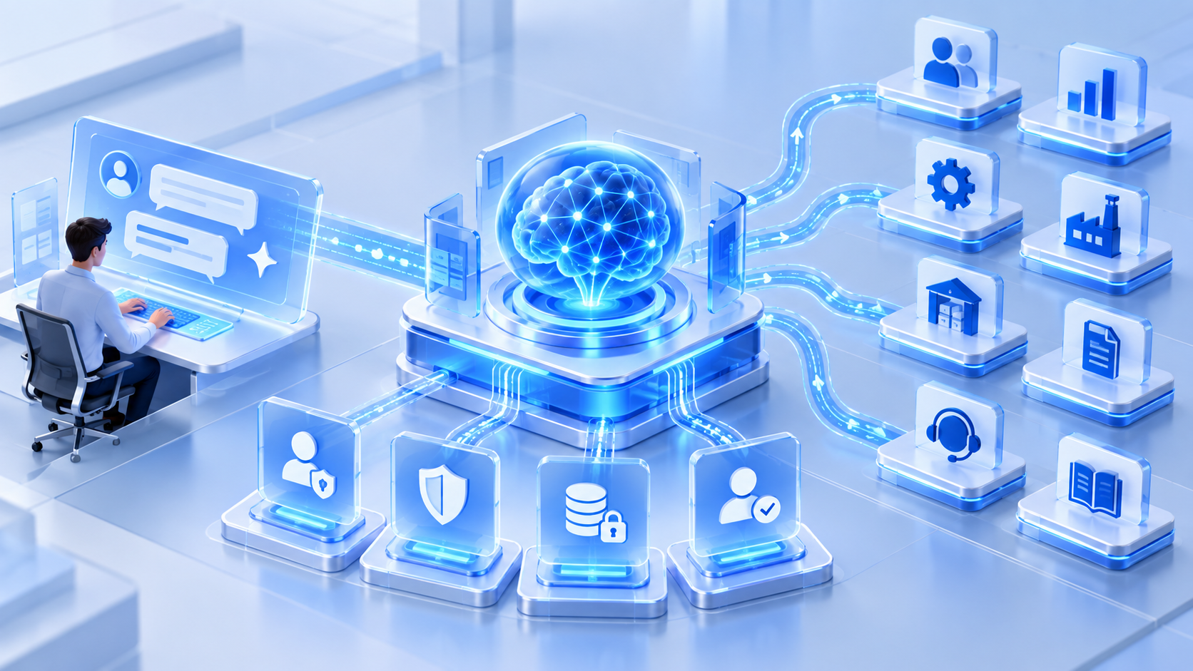 AI 业务系统连接器连接智能应用与多个企业业务系统,并以身份、权限、数据和人工确认保障安全运行