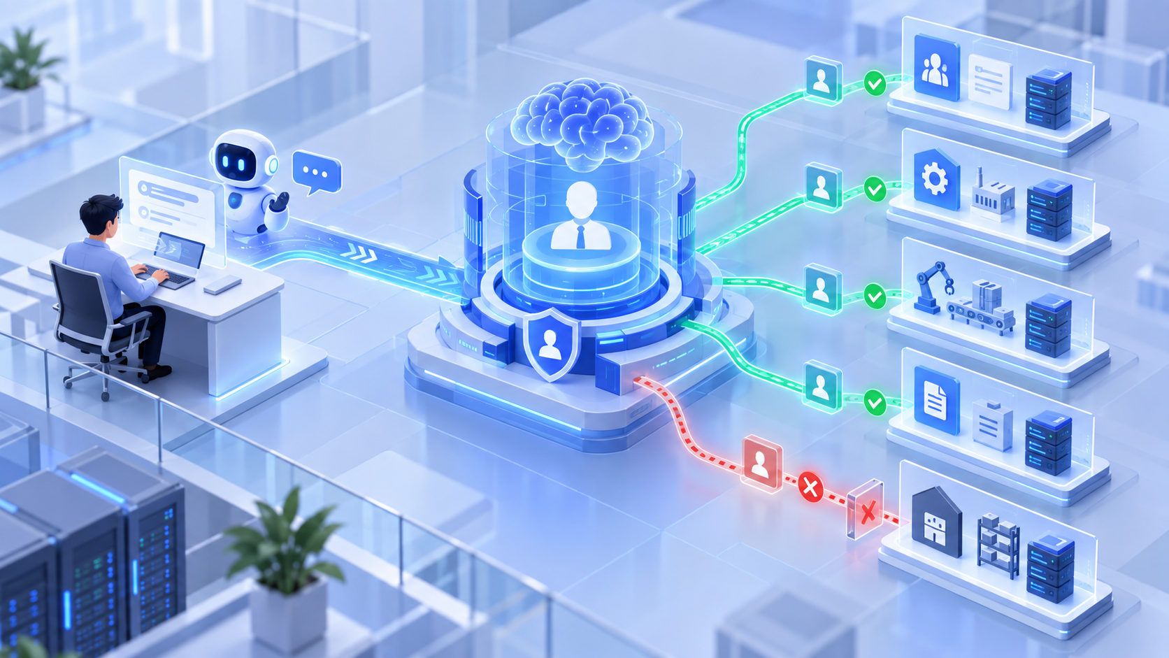 AI 统一处理员工请求,并在不同业务系统中分别绑定真实身份和继承权限,未授权路径被阻断