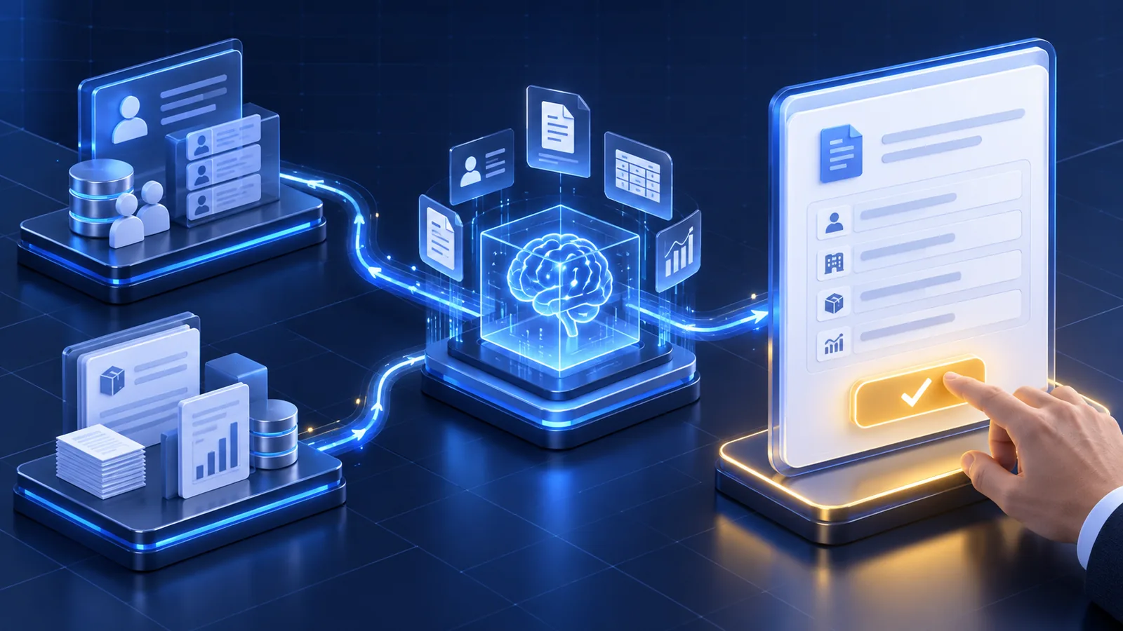 AI 系统连接器从 ERP 与 CRM 汇总审批依据，准备 OA 页面并由员工完成最终确认
