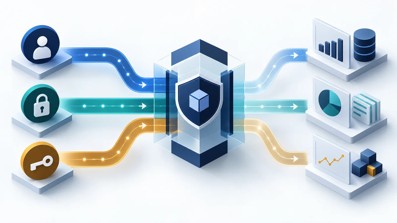 员工身份、OAuth 授权令牌与服务 API 密钥通过各自独立的通道进入治理网关,再连接企业业务数据