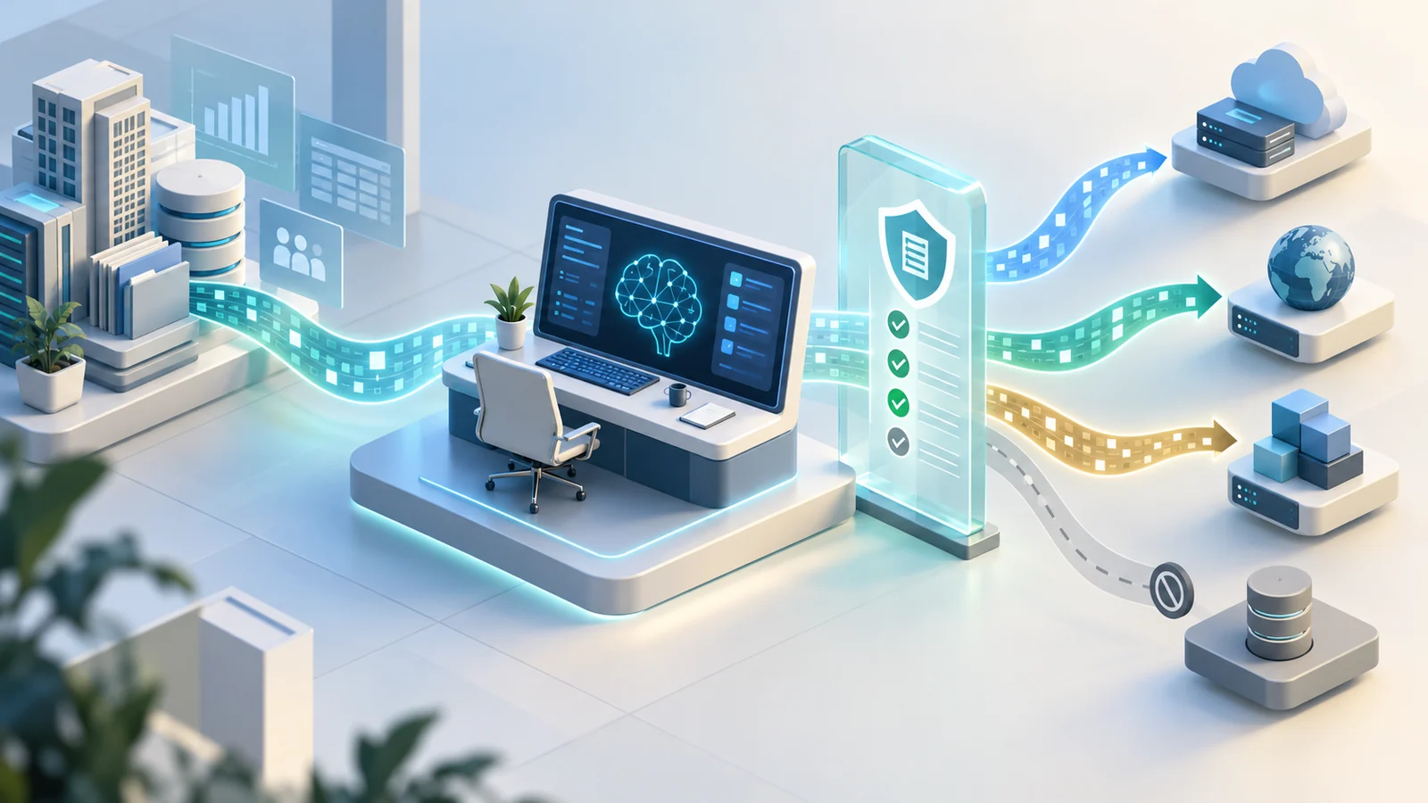 企业数据经 AI 工作台与审查网关后,按授权流向不同外部服务的原创概念插画
