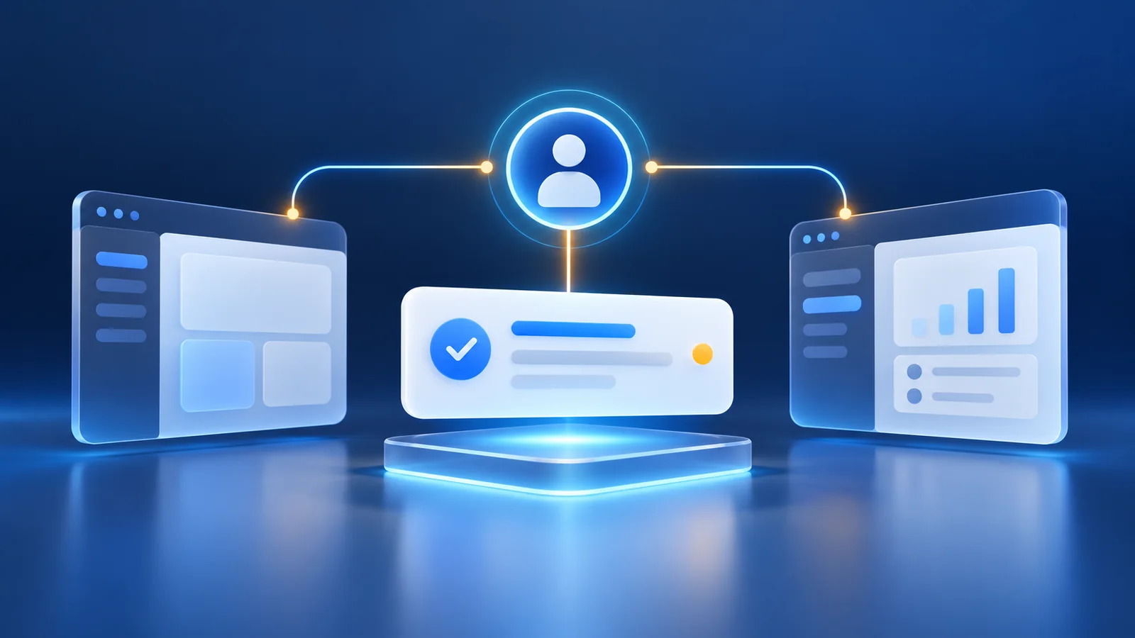 一个员工身份标记连接 AI 任务卡片与两个业务应用窗口，表现任务身份需要在系统切换时保持一致