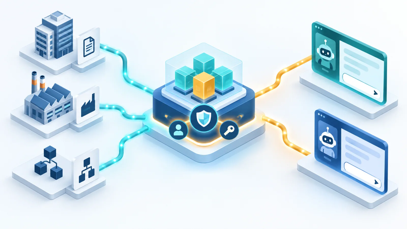 ERP、MES 与业务流程连接到统一授权能力中心,再供两个 AI 工作入口复用的插画
